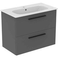 Ideal Standard I.life A 80Cm Matt Quartz Grey Wall Hung Vanity Unit 84Cm White Vanity Basin And Black Handle Pack, Grey