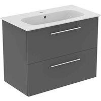 Ideal Standard I.life A 80Cm Matt Quartz Grey Wall Hung Vanity Unit 84Cm White Vanity Basin And Chrome Handle Pack, Grey