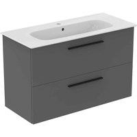 Ideal Standard I.life A 100Cm Matt Quartz Grey Wall Hung Vanity Unit 104Cm White Vanity Basin And Black Handle Pack, Grey