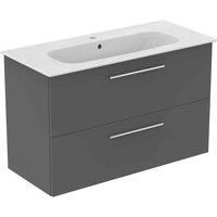 Ideal Standard I.life A 100Cm Matt Quartz Grey Wall Hung Vanity Unit 104Cm White Vanity Basin And Chrome Handle Pack, Grey