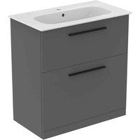 Ideal Standard I.life A 80Cm Matt Quartz Grey Floor Standing Vanity Unit 84Cm White Vanity Basin And Black Handle Pack, Grey