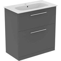 Ideal Standard I.life A 80Cm Matt Quartz Grey Floor Standing Vanity Unit 84Cm White Vanity Basin And Chrome Handle Pack, Grey