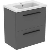 Ideal Standard I.life S 60Cm Matt Quartz Grey 2 Drawer Vanity Unit 61Cm Vanity Basin And Black Handle Pack, Grey