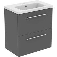 Ideal Standard I.life S 60Cm Matt Quartz Grey 2 Drawer Vanity Unit 61Cm Vanity Basin And Chrome Handle Pack, Grey