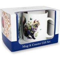 Purely Home Foliage Cat Mug & Coaster Gift Set, Multi