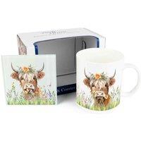 Purely Home Highland Cow Mug & Coaster Gift Set - Blond Highland Cow, Multi