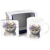 Purely Home Flower Crown Mug & Coaster Gift Set - British Short Hair Cat, Multi