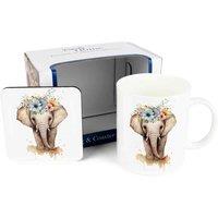 Purely Home Flower Crown Mug & Coaster Gift Set - Elephant, Multi