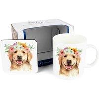 Purely Home Flower Crown Mug & Coaster Gift Set - Golden Retriever, Multi