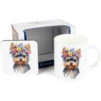 Purely Home Flower Crown Mug & Coaster Gift Set - Yorkie, Multi