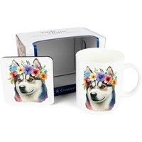 Purely Home Flower Crown Mug & Coaster Gift Set - Husky, Multi