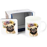 Purely Home Flower Crown Mug & Coaster Gift Set - Pug, Multi