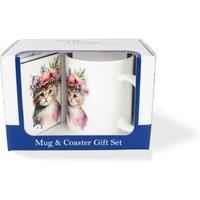 Purely Home Flower Crown Mug & Coaster Gift Set - Tabby Kitten, Multi