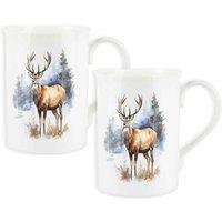 Purely Home Set Of 2 Christmas Reindeer Hambury Bone China Mugs, Multi