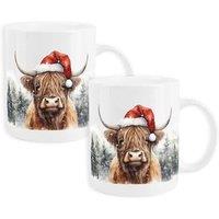 Purely Home Set Of 2 Christmas Highland Cow Chaldon Bone China Mugs, Multi