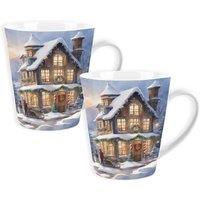 Purely Home Set Of 2 Christmas House Lyscombe Small Latte Mugs, Multi