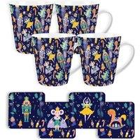 Purely Home Set Of 4 Christmas Mouse & Nutcracker Ceramic Mug & Coasters, Multi