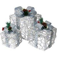 St Helens Set Of 3 Led Light Up Christmas Boxes Battery Operated With Timer 8 Patterns And 60 Led's, Silver