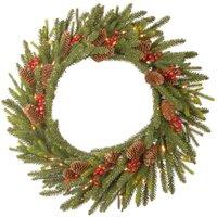National Tree Dorcester Fir 24" Wreath With Berries, Cones & 50 Warm White Leds, Green