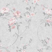 Darcy James Bettany Floral Pink & Grey Wallpaper 10m x 53cm, Pink