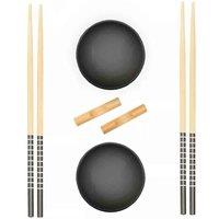 Interiors By Ph 6Pc Black Ceramic And Wood Sushi Set, Cream