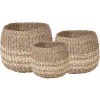 Pacific S 3 Woven 2-tone Natural Seagrass And Palm Leaf Round Baskets, Brown