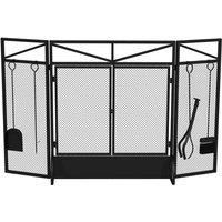HOMCOM 3 Panel Folding Fire Guard Screen With Fireplace Tool Sets And Front Doors, Black