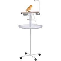 PawHut Bird Table w/ 4 Wheels, Perches, S/Steel Bowls, White