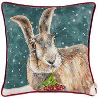 Evans Lichfield Christmas Hare Piped Filled Cushion, Green
