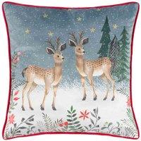 furn. Furn. Ditsy Festive Reindeer Velvet Piped Filled Cushion, Blue