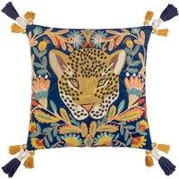 Wylder Tropics Regal Leopard Embroidered Velvet Filled Cushion, Blue