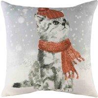 Evans Lichfield Snowy Cat With Scarf Cat Filled Cushion, Grey