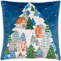 furn. Furn. Snowy Village Tree Boucle Filled Cushion, Blue