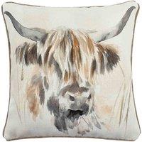 Evans Lichfield Watercolour Highland Cow Polyester Filled Cushion, Cream