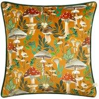 Wylder Nature Wild Garden Mushroom Repeat Velvet Piped Polyester Filled Cushion, Gold