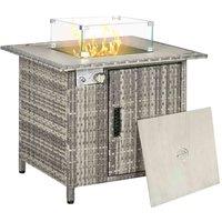 Outsunny Rattan Gas Fire Pit Table w/ Rain Cover, Windscreen, Grey
