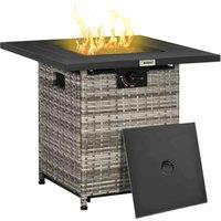 Outsunny Rattan Gas Fire Pit Table w/ Mesh Lid & Rain Cover, Grey