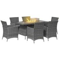 Outsunny 7pc PE Rattan Dining Set w/ Fire Pit Table - Grey