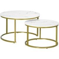 HOMCOM Marble Coffee Table Set Of 2, Round Nest Of Tables For Living Room, White