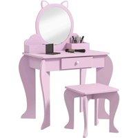 Zonekiz Kids Dressing Table Cat Design W Mirror Stool Drawer Storage Boxes, Pink