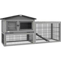 PawHut Wooden Rabbit Hutch w/ Run, Pull-Out Tray - Grey, Grey