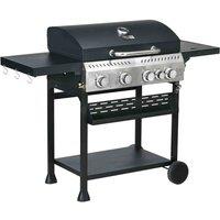 Outsunny 4+1 Burner Propane Gas Barbecue Grill w/ Thermometer, Bottle Opener, Black