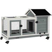 PawHut Wooden Rabbit Hutch w/ Wheels, Removable Tray - Grey, Grey