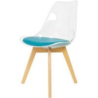 Fusion Living Soho Clear and Teal Plastic Dining Chair With Squared Light Wood Legs