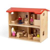 Bigjigs Toys Complete Wooden Dolls House With Furniture, Red