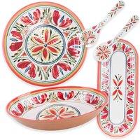 Purely Home Mediterranean Melamine Oval Bowl Oval Tray Round Platter & Salad Servers Set, Red