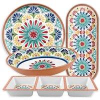Purely Home Rio Medallion Round Platter Oval Platter Oval Bowl & 3-section Tray Set, Multi