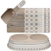 Purely Home Moroccan Wood Melamine Double Pet Bowl Placemat With Scoop Set, Brown