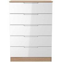 Welcome Furniture Ready Assembled Milan 5 Drawer Chest In White Gloss & Bardolino Oak, White