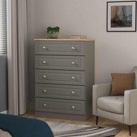 Welcome Furniture Ready Assembled Norfolk 5 Drawer Chest In Dusk Grey & Bardolino Oak, Grey